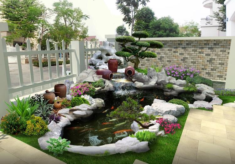 Thiết kế hồ cá kèm tiểu cảnh hóa giải phong thủy cho nhà chữ L khuyết góc Bắc.
